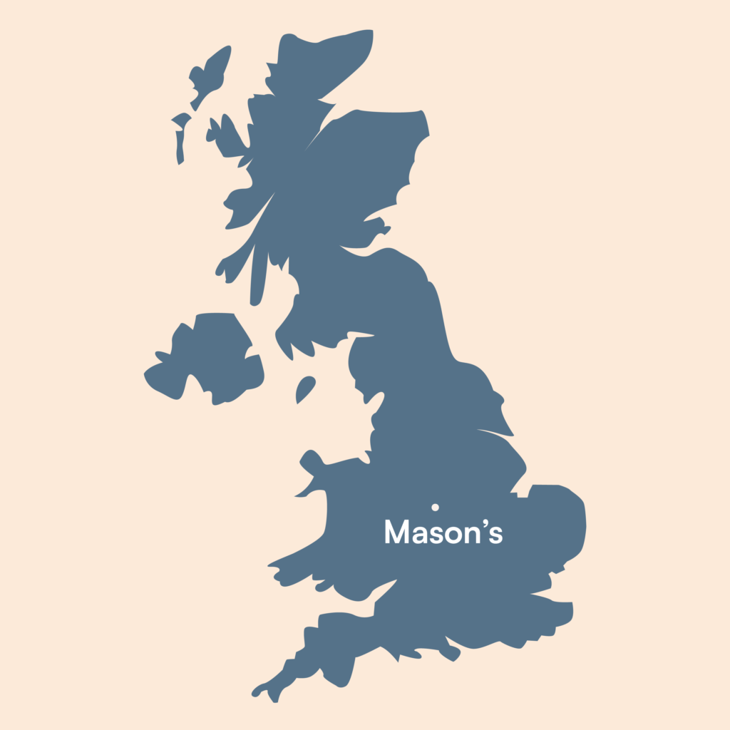 Map of England showing the location of the Mason's pottery in Staffordshire